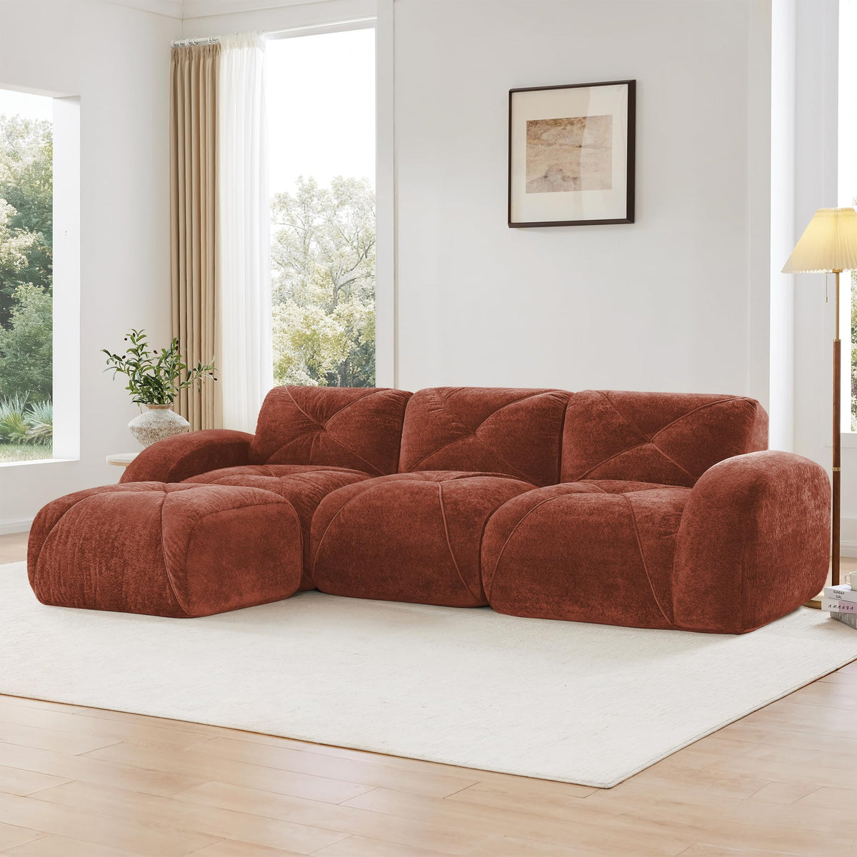 L-Shaped Orange Velvet Tufted Sofa with Ottoman G129297