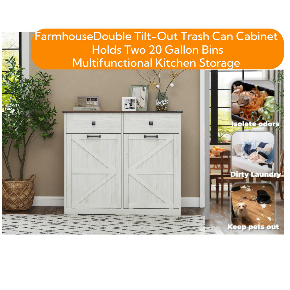 Double Tilt Out Trash Cabinet with Storage Drawers, Antique White A98336