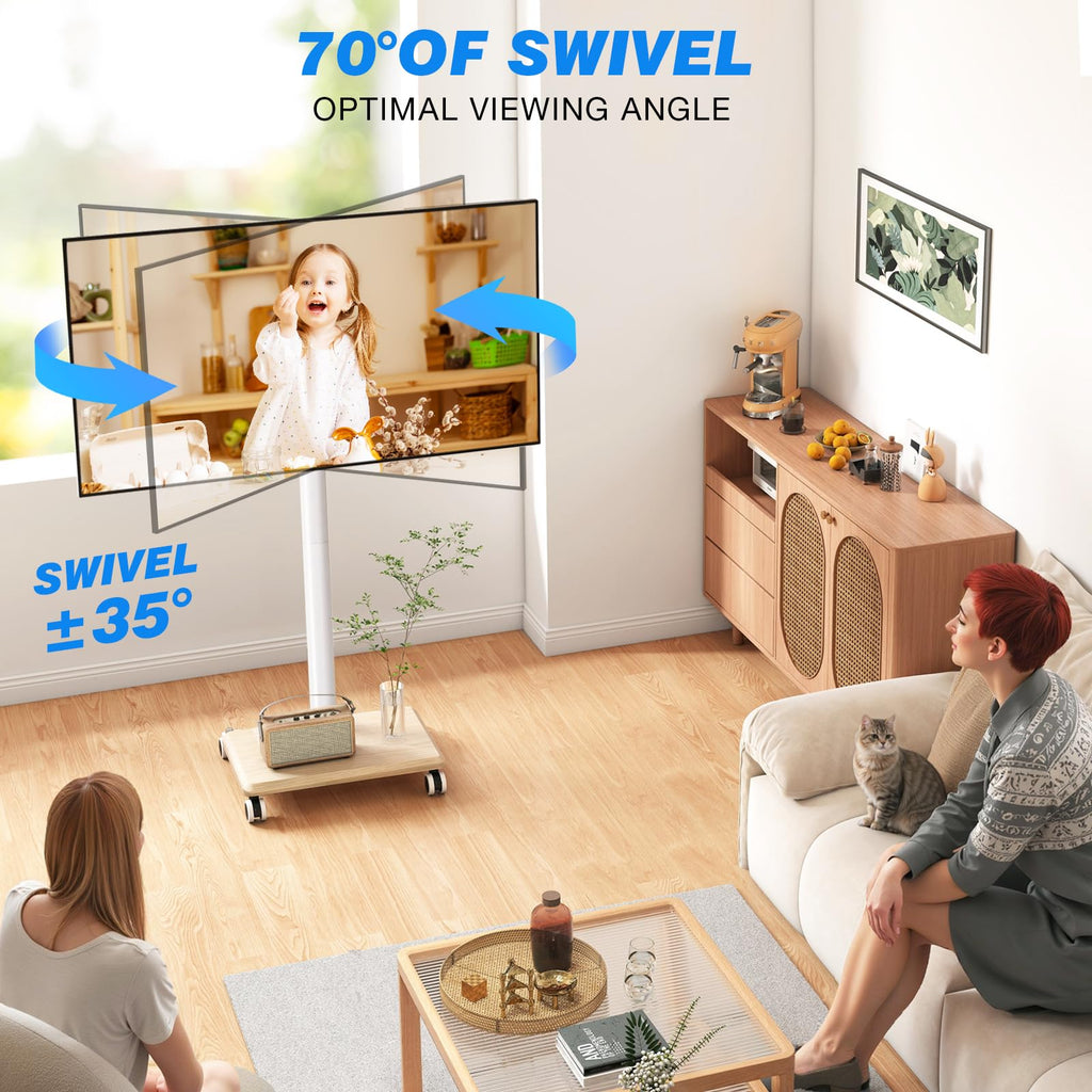 Rolling TV Stand for 32 to 60 Inch TV White Wood Base F68750