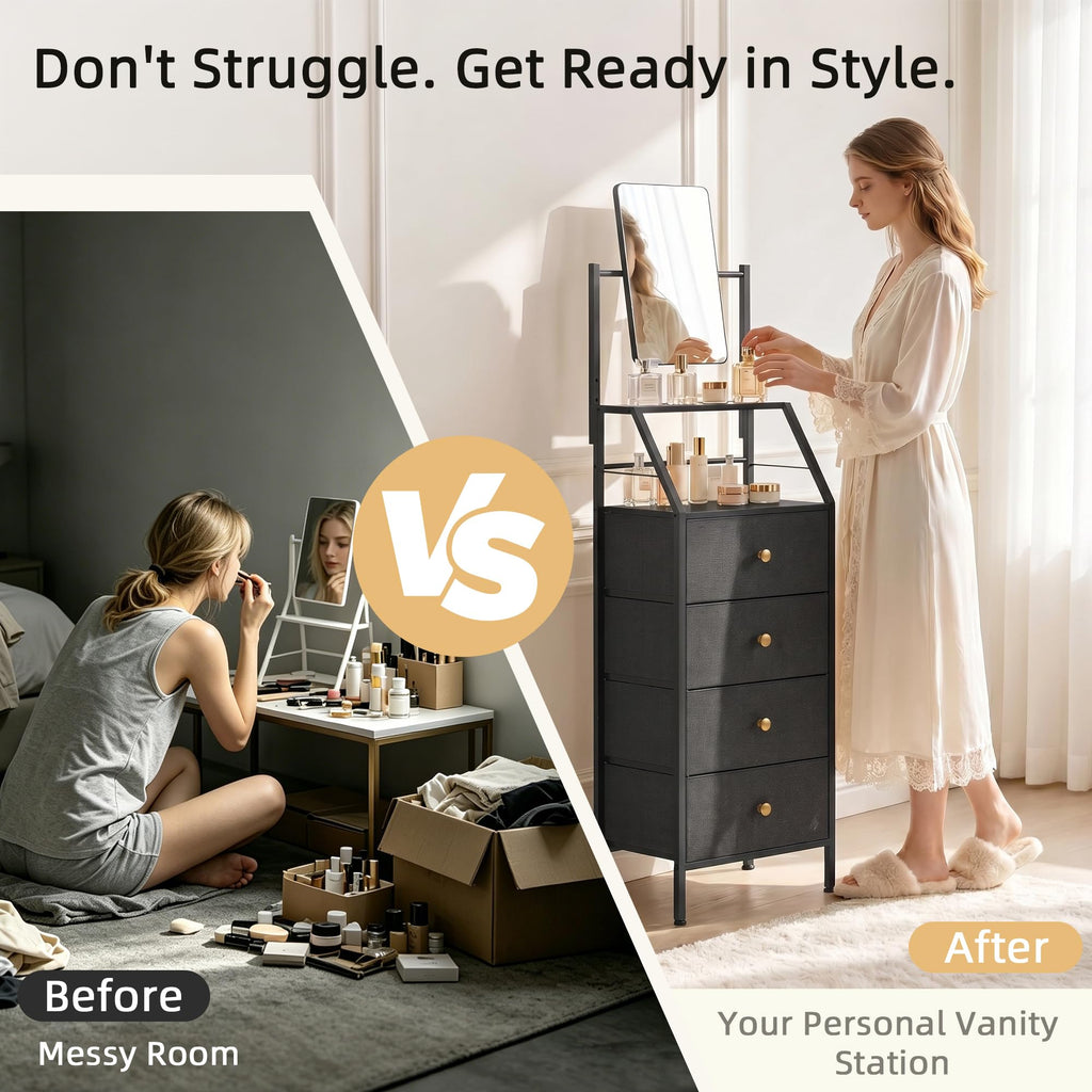 Black 4 Drawer Vanity Dresser with Adjustable Mirror K9265