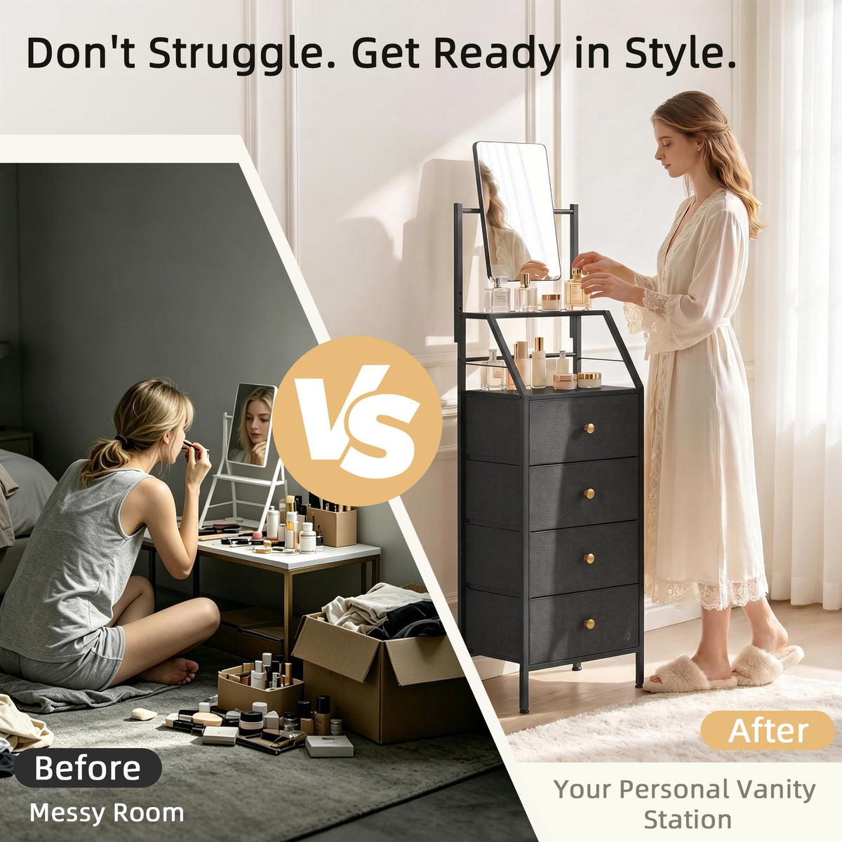 Black 4 Drawer Vanity Dresser with Adjustable Mirror K9265