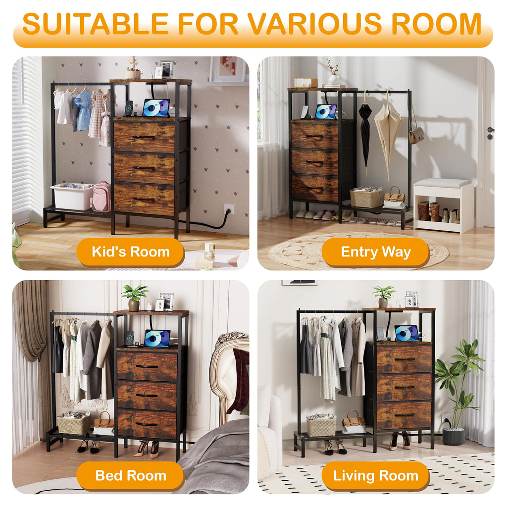 Brown 3 Drawer Fabric Dresser with Hanging Rack G495