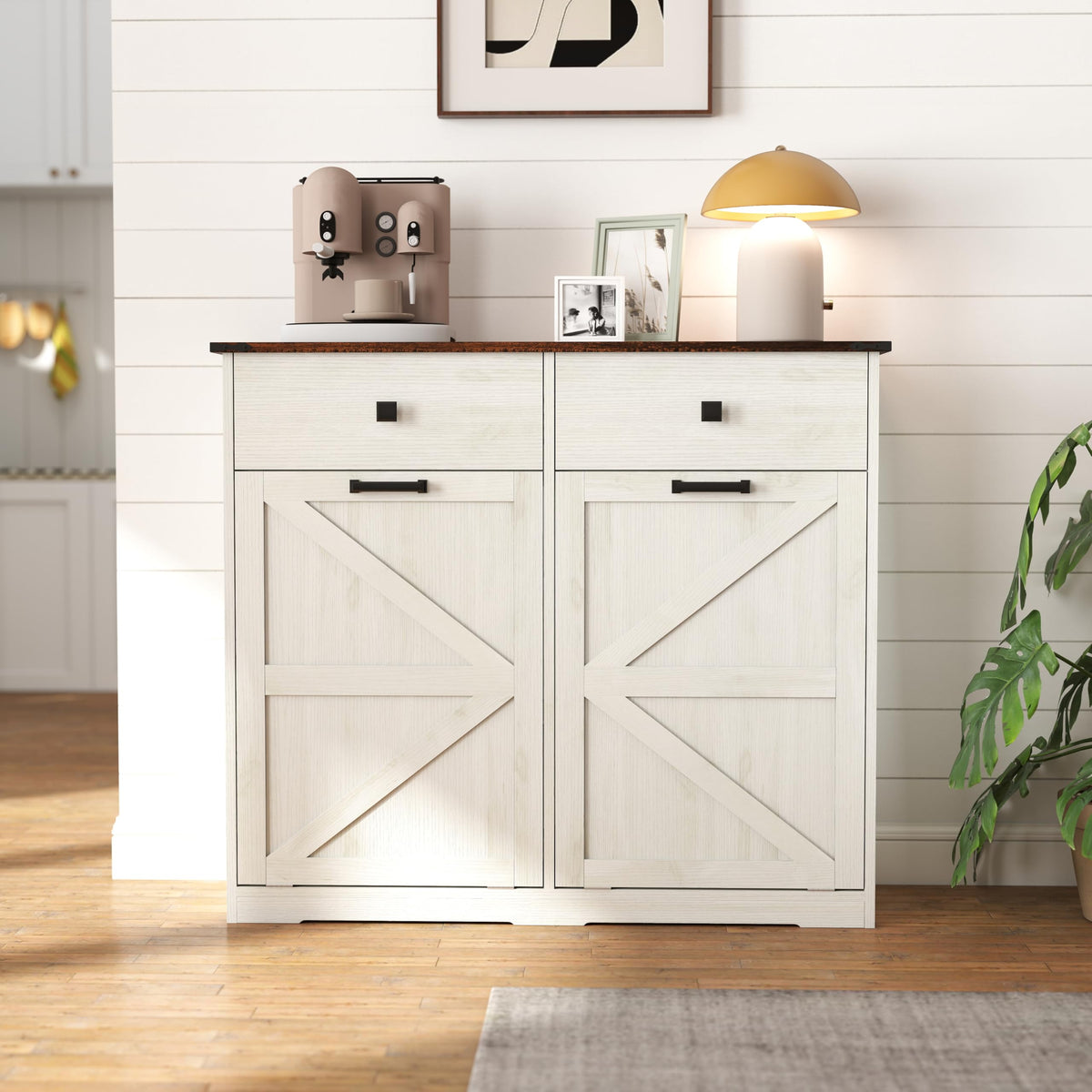 Double Tilt Out Trash Cabinet with Storage Drawers, Antique White A98336