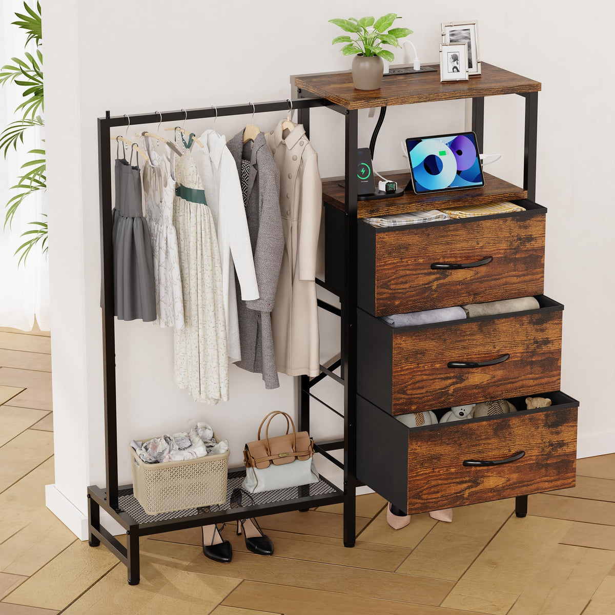 Brown 3 Drawer Fabric Dresser with Hanging Rack G495
