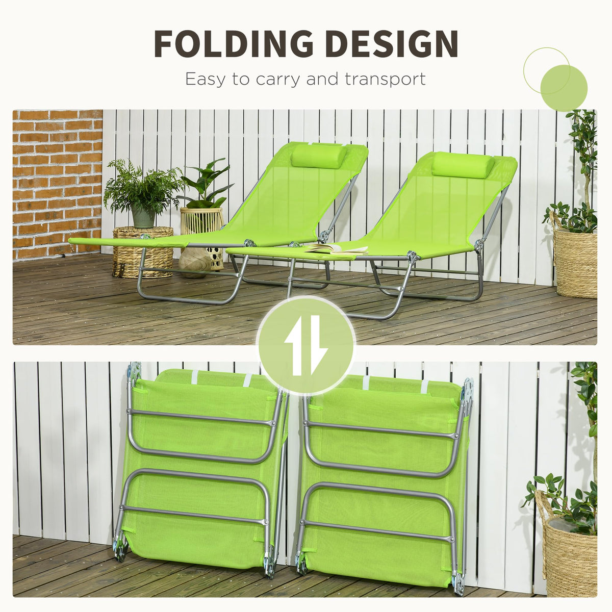 2 Piece Folding Chaise Lounge Chairs Reclining Back Green O5054