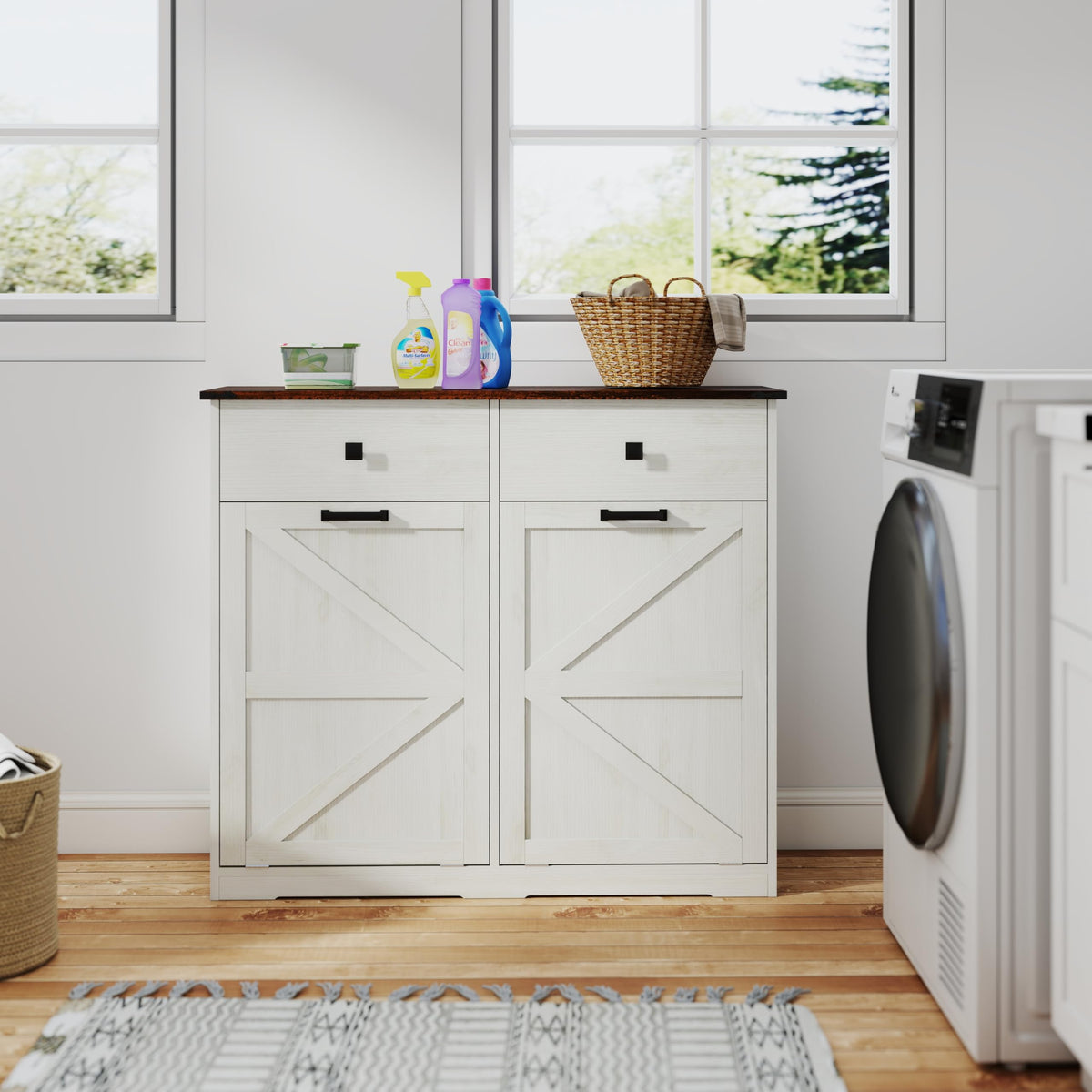 Double Tilt Out Trash Cabinet with Storage Drawers, Antique White A98336