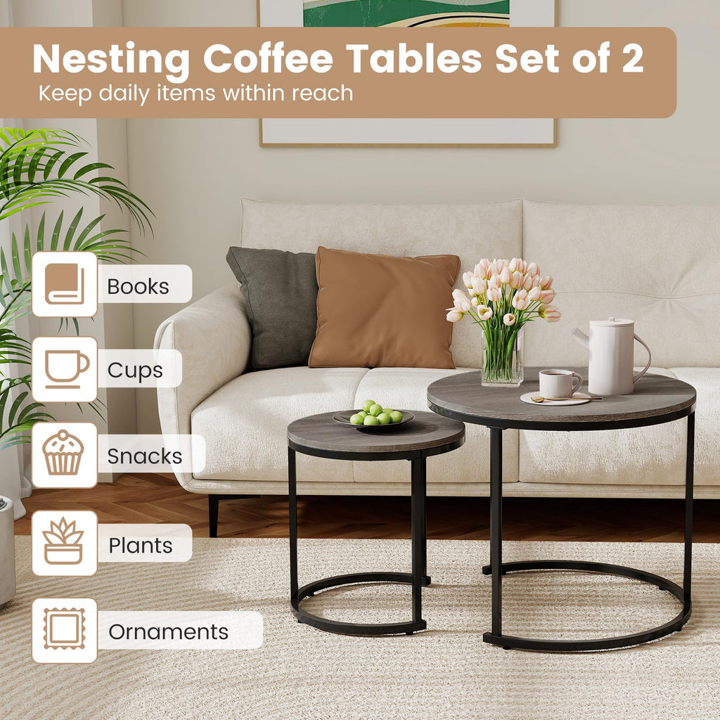 Round Nesting Coffee Table Set of 2 Grey Oak Q30050