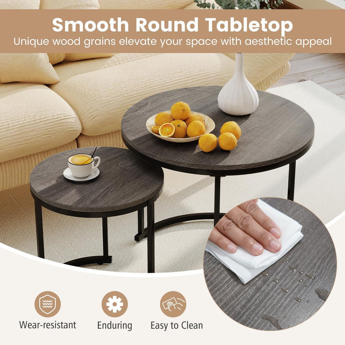 Round Nesting Coffee Table Set of 2 Grey Oak Q30050