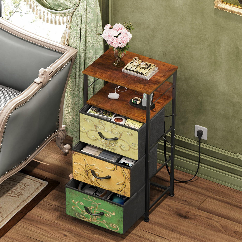 Night Stand with Charging Station, 3 Drawer Bedside Table B1996