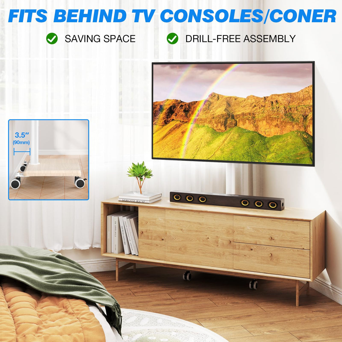 Rolling TV Stand for 32 to 60 Inch TV White Wood Base F68750