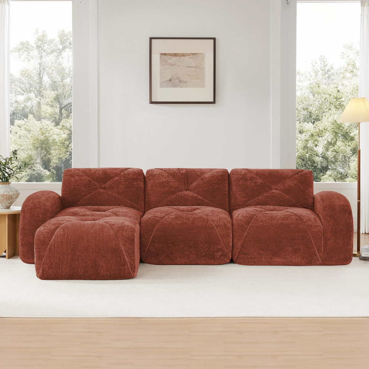 L-Shaped Orange Velvet Tufted Sofa with Ottoman G129297
