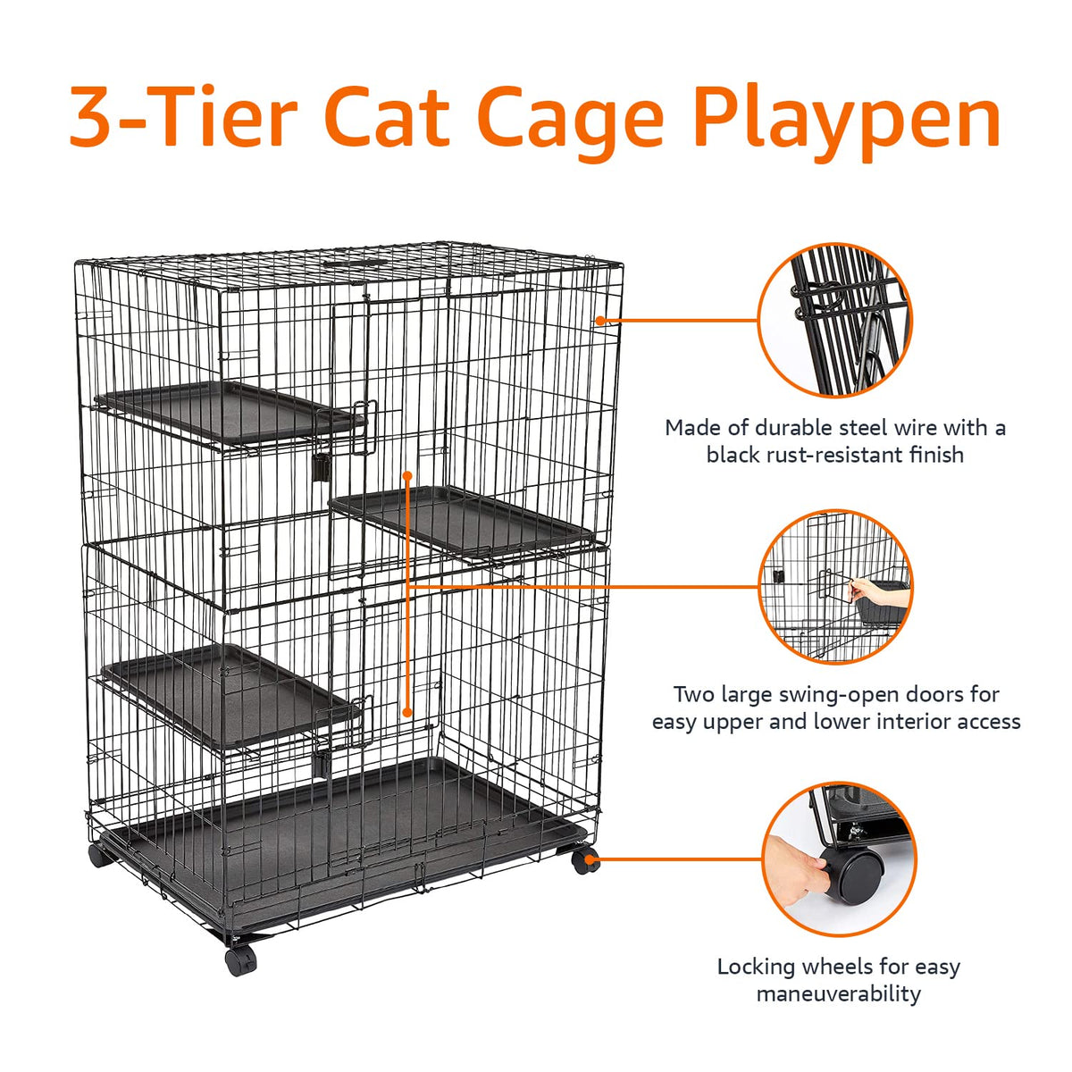 Large 3-Tier Cat Cage Playpen with Removable Tray, Black Z895