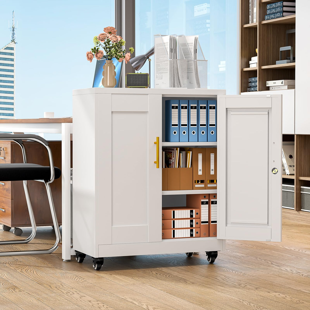 White Metal Storage Cabinet with Wheels H6684