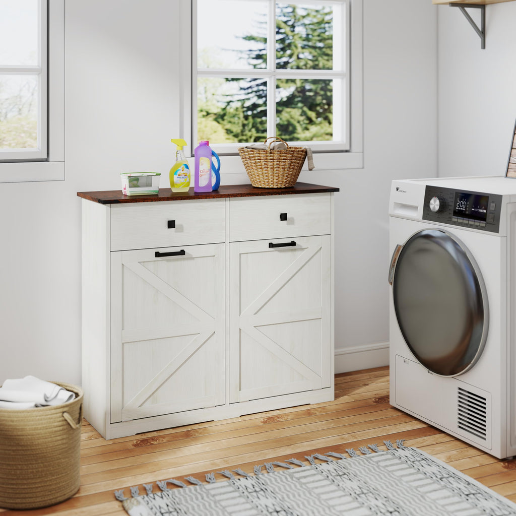 Double Tilt Out Trash Cabinet with Storage Drawers, Antique White A98336