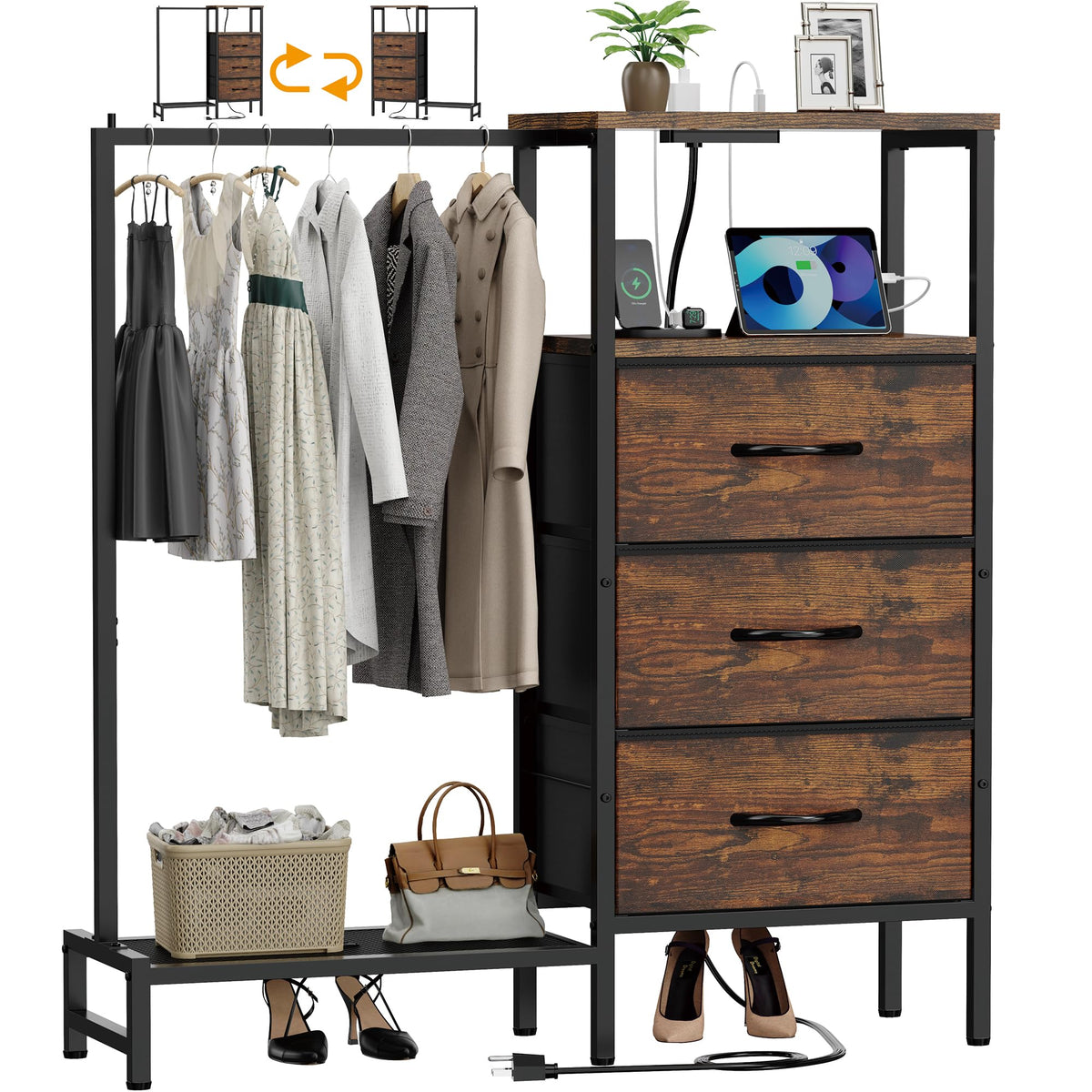 Brown 3 Drawer Fabric Dresser with Hanging Rack G495
