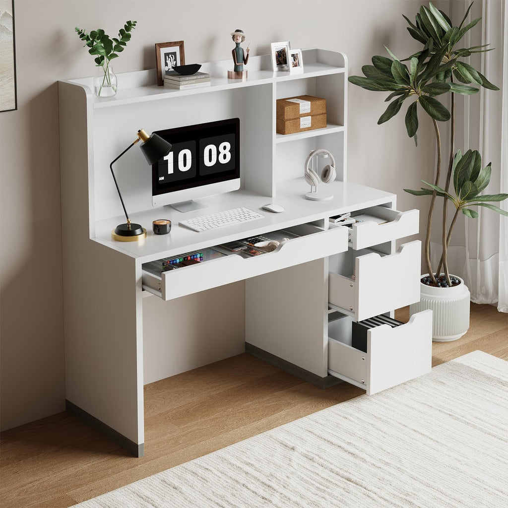 White Desk with Hutch and 4 Drawers N518