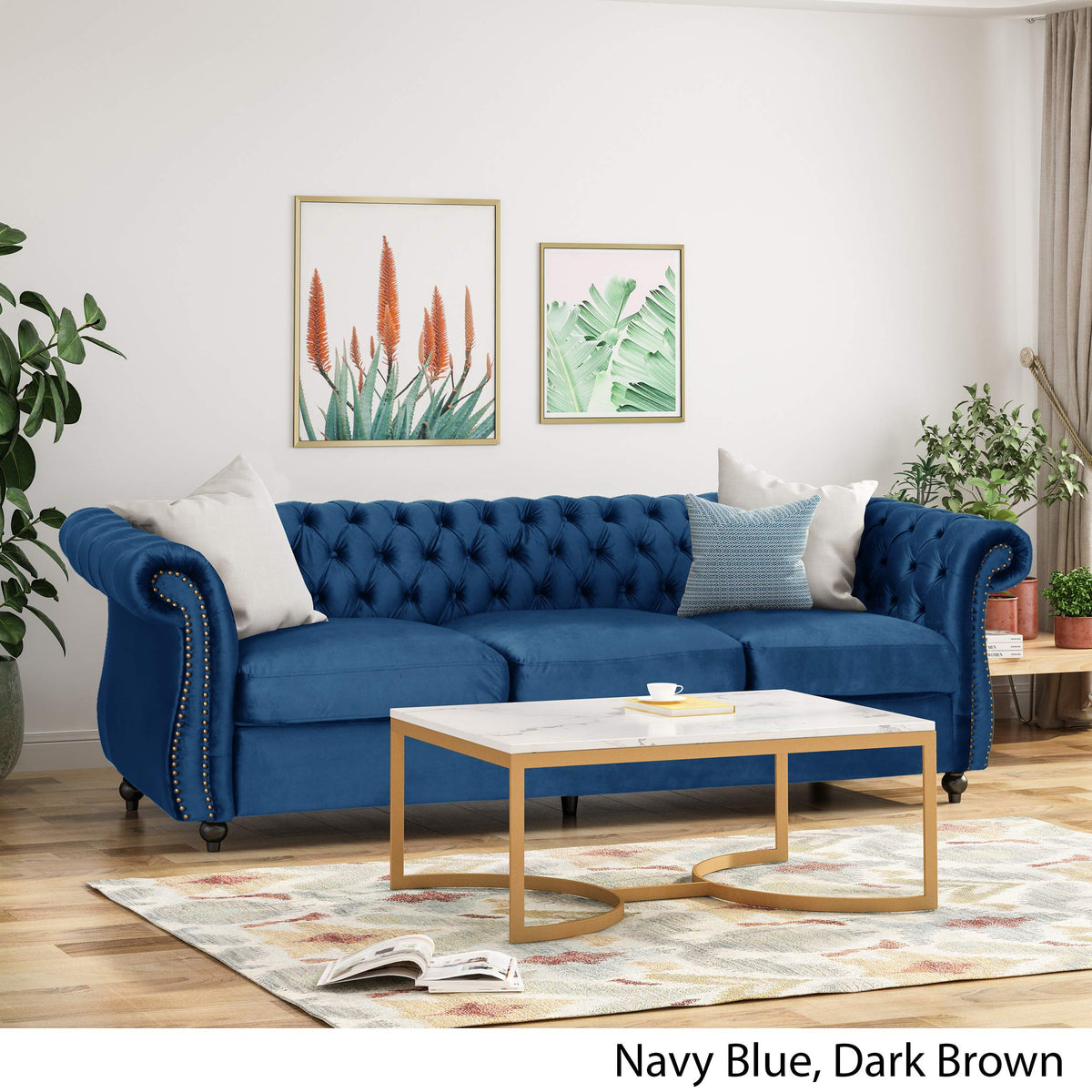 Navy Blue Velvet Sofa with Scroll Arms B877969