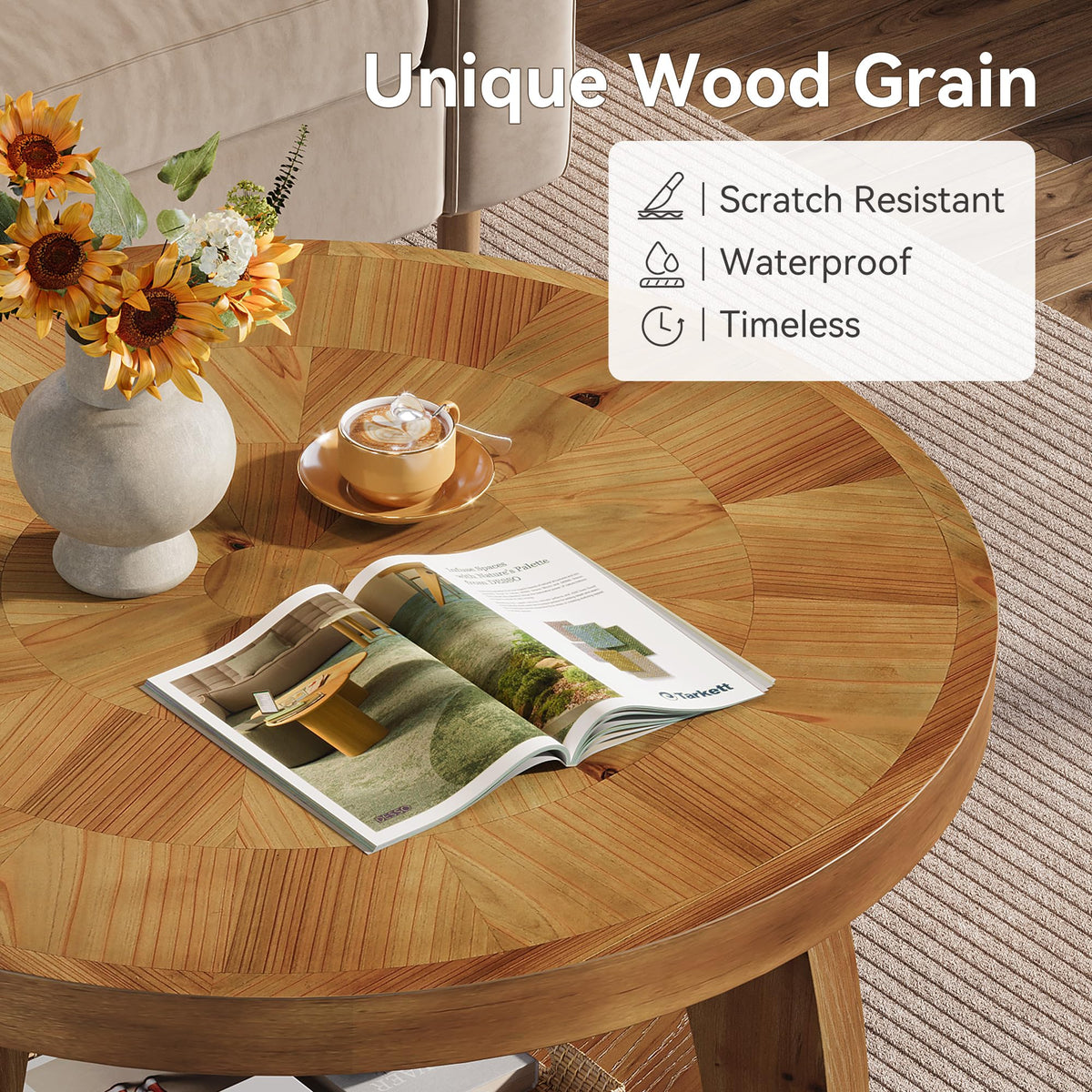Solid Wood Round 2-Tier Coffee Table with Storage U213