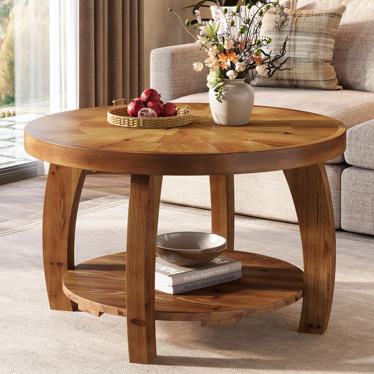 Solid Wood Round 2-Tier Coffee Table with Storage U213