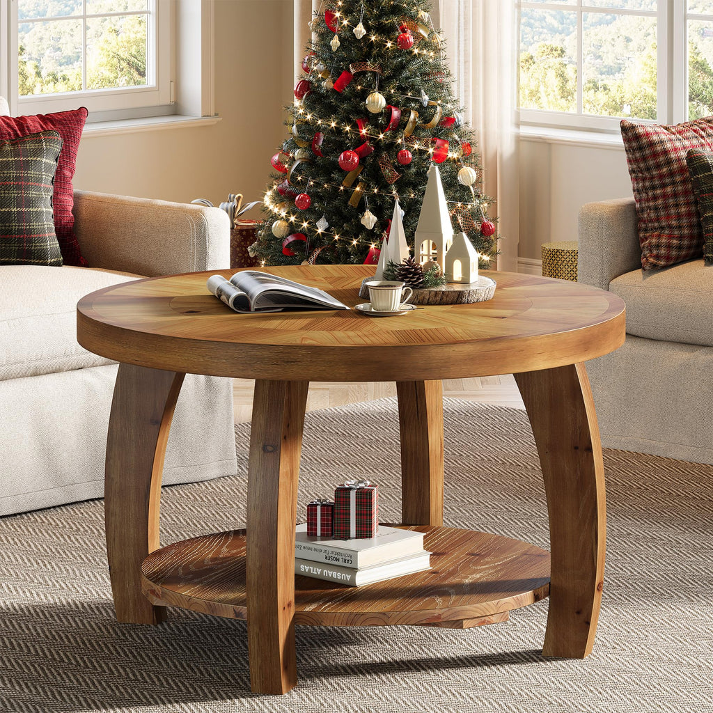 Solid Wood Round 2-Tier Coffee Table with Storage U213