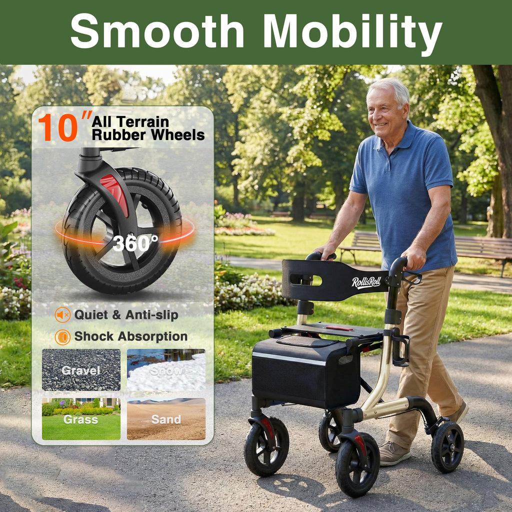 Foldable Aluminum Rollator Walker with Seat and 10" Wheels E3062