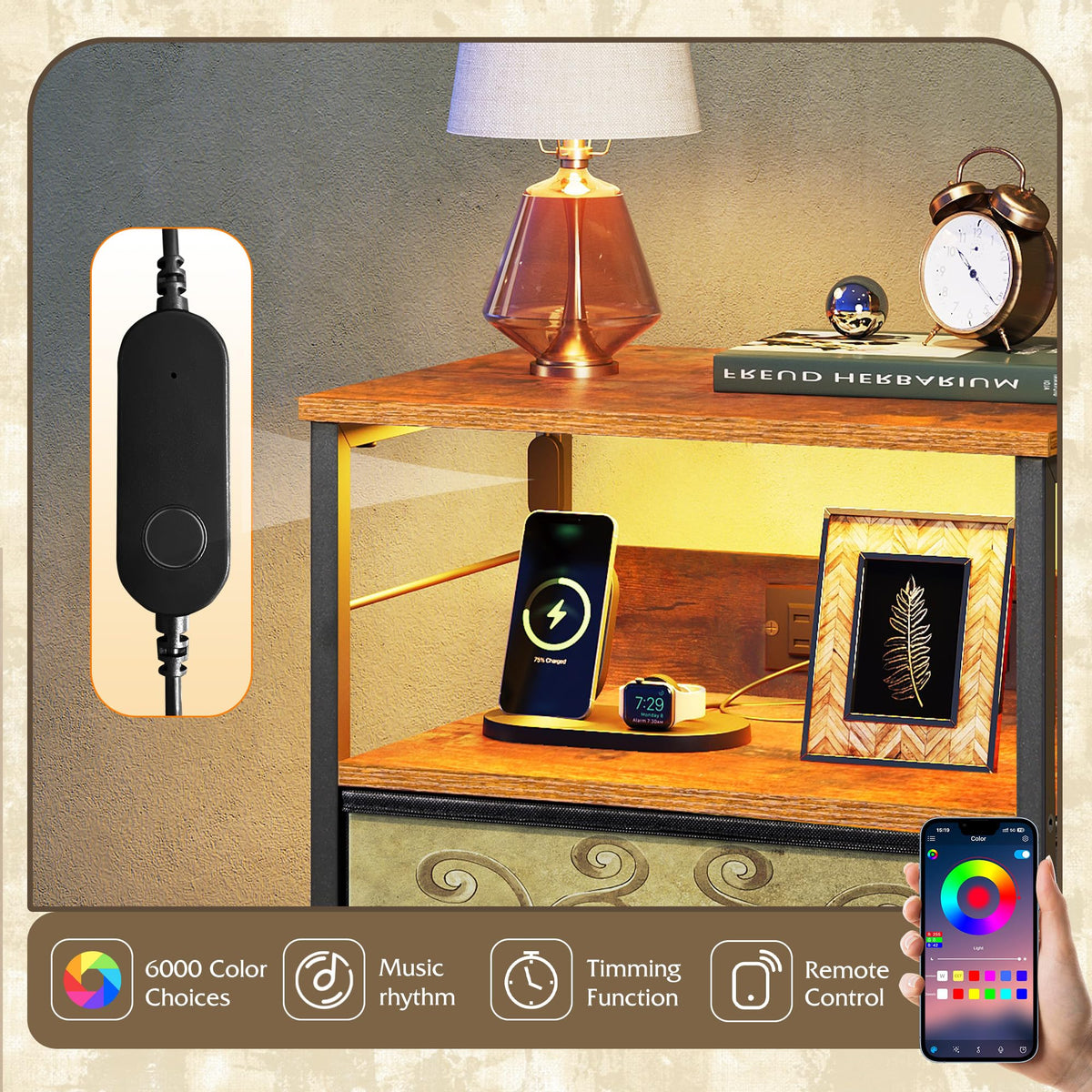 Night Stand with Charging Station, 3 Drawer Bedside Table B1996