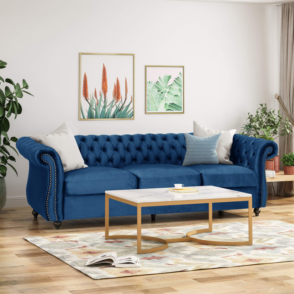 Navy Blue Velvet Sofa with Scroll Arms B877969