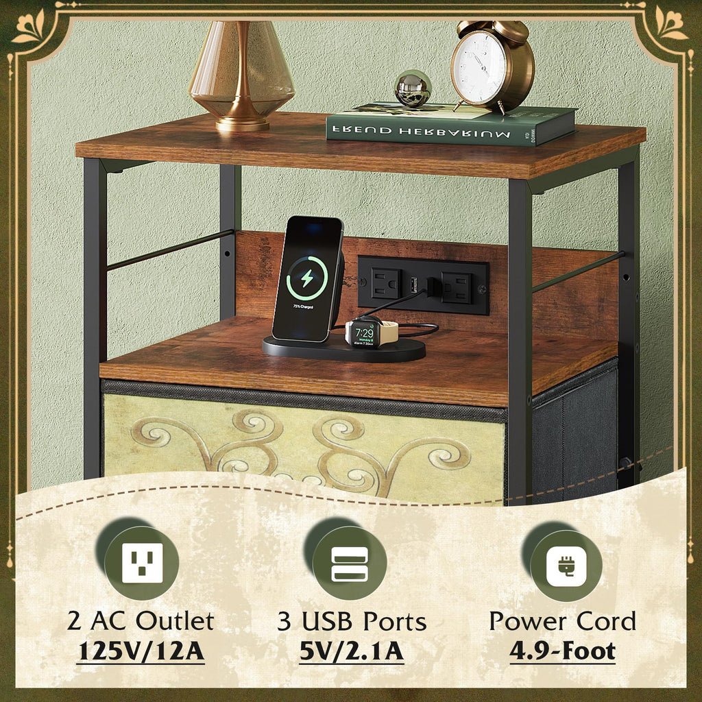 Night Stand with Charging Station, 3 Drawer Bedside Table B1996