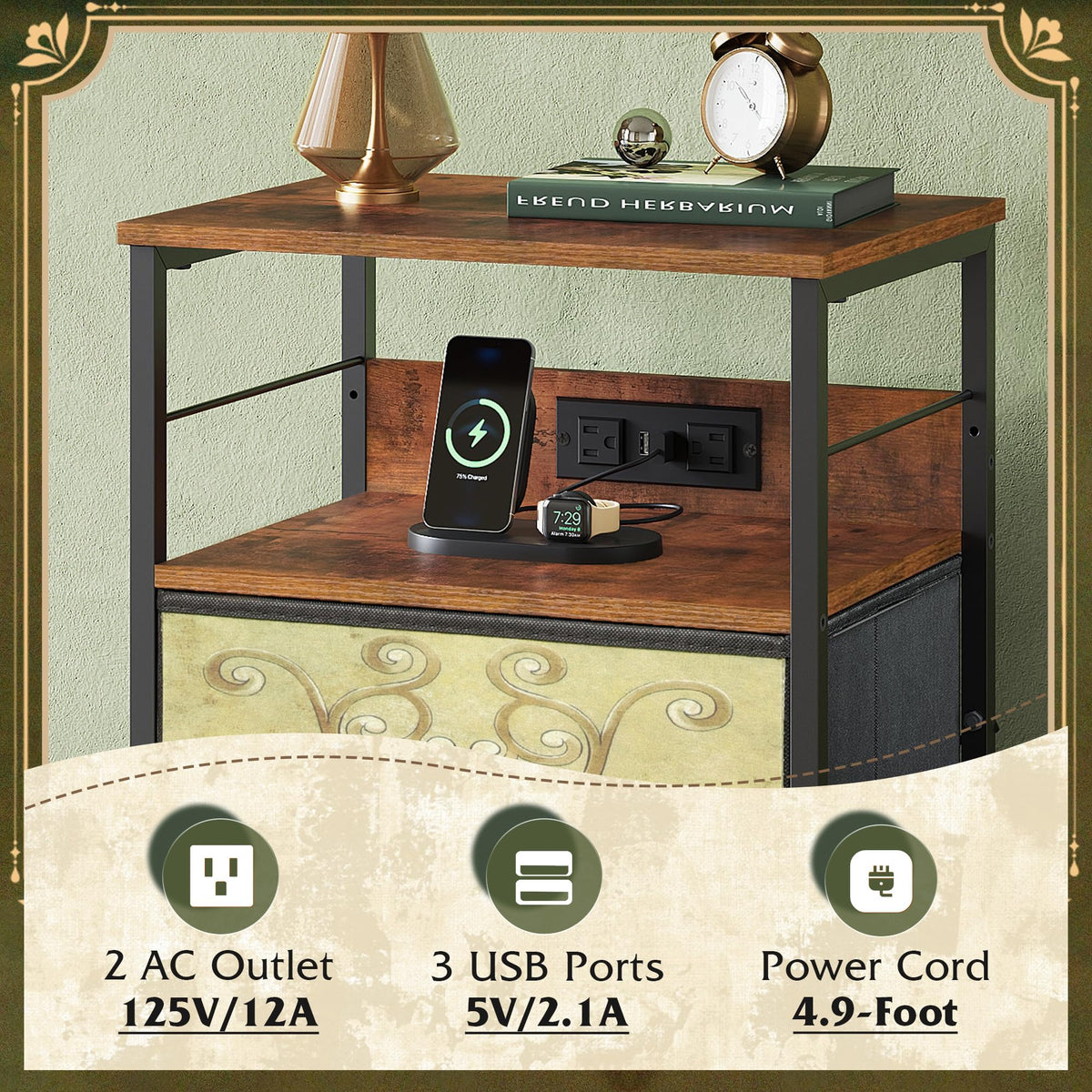 Night Stand with Charging Station, 3 Drawer Bedside Table B1996