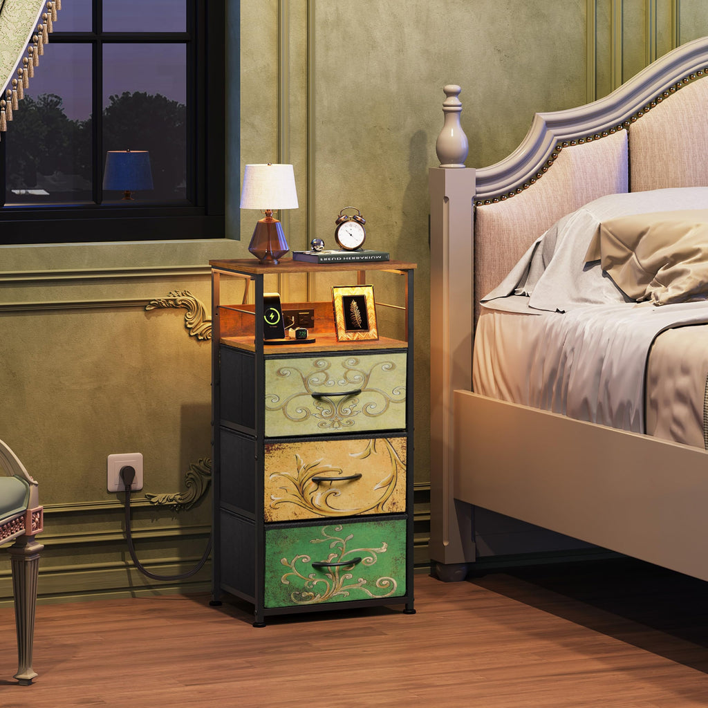 Night Stand with Charging Station, 3 Drawer Bedside Table B1996