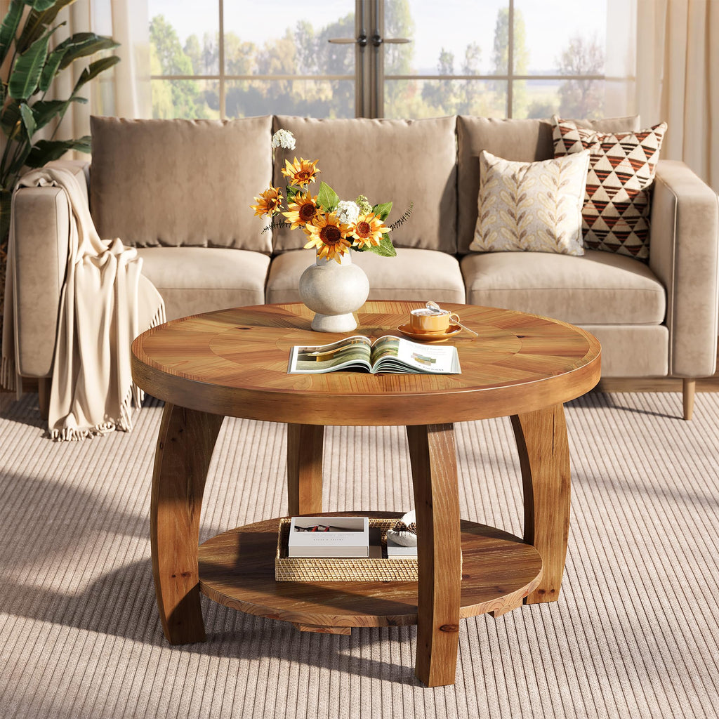 Solid Wood Round 2-Tier Coffee Table with Storage U213