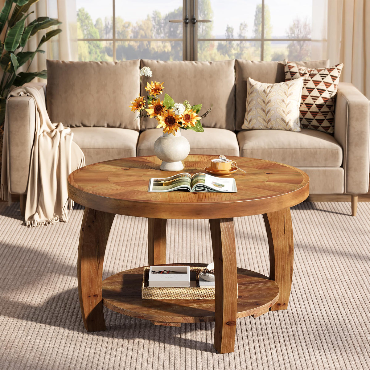 Solid Wood Round 2-Tier Coffee Table with Storage U213