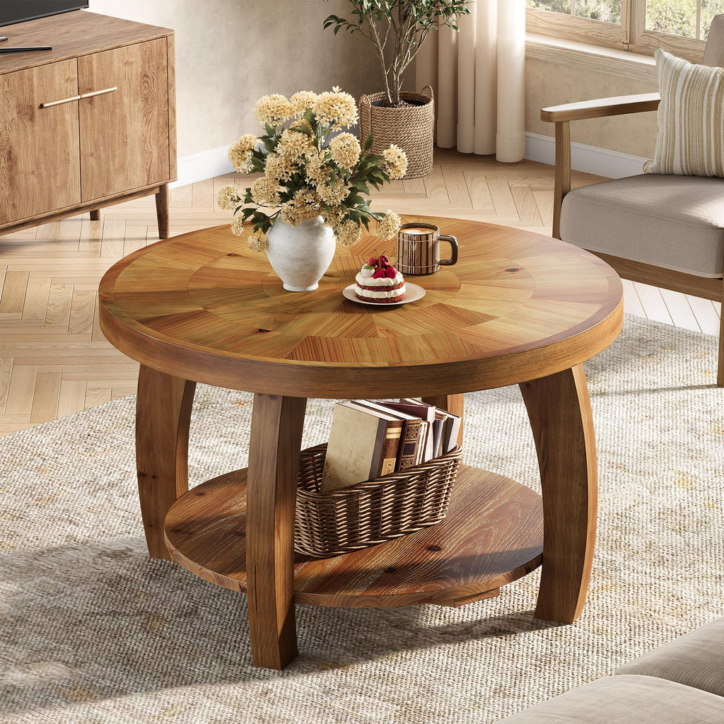 Solid Wood Round 2-Tier Coffee Table with Storage U213