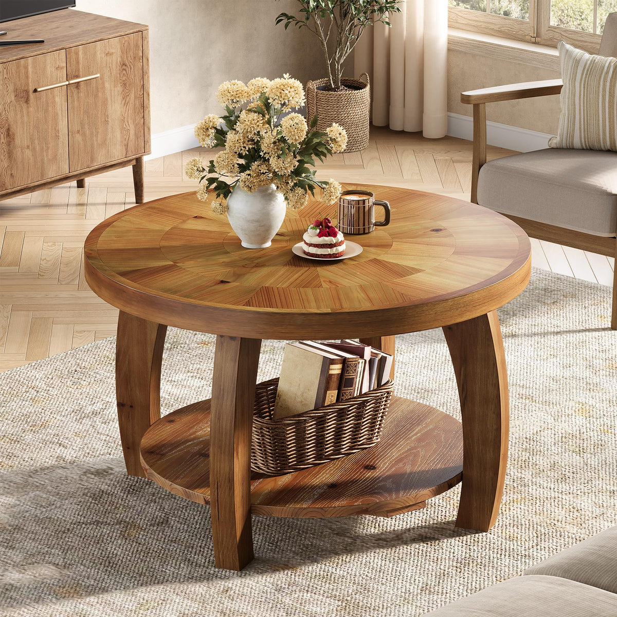 Solid Wood Round 2-Tier Coffee Table with Storage U213