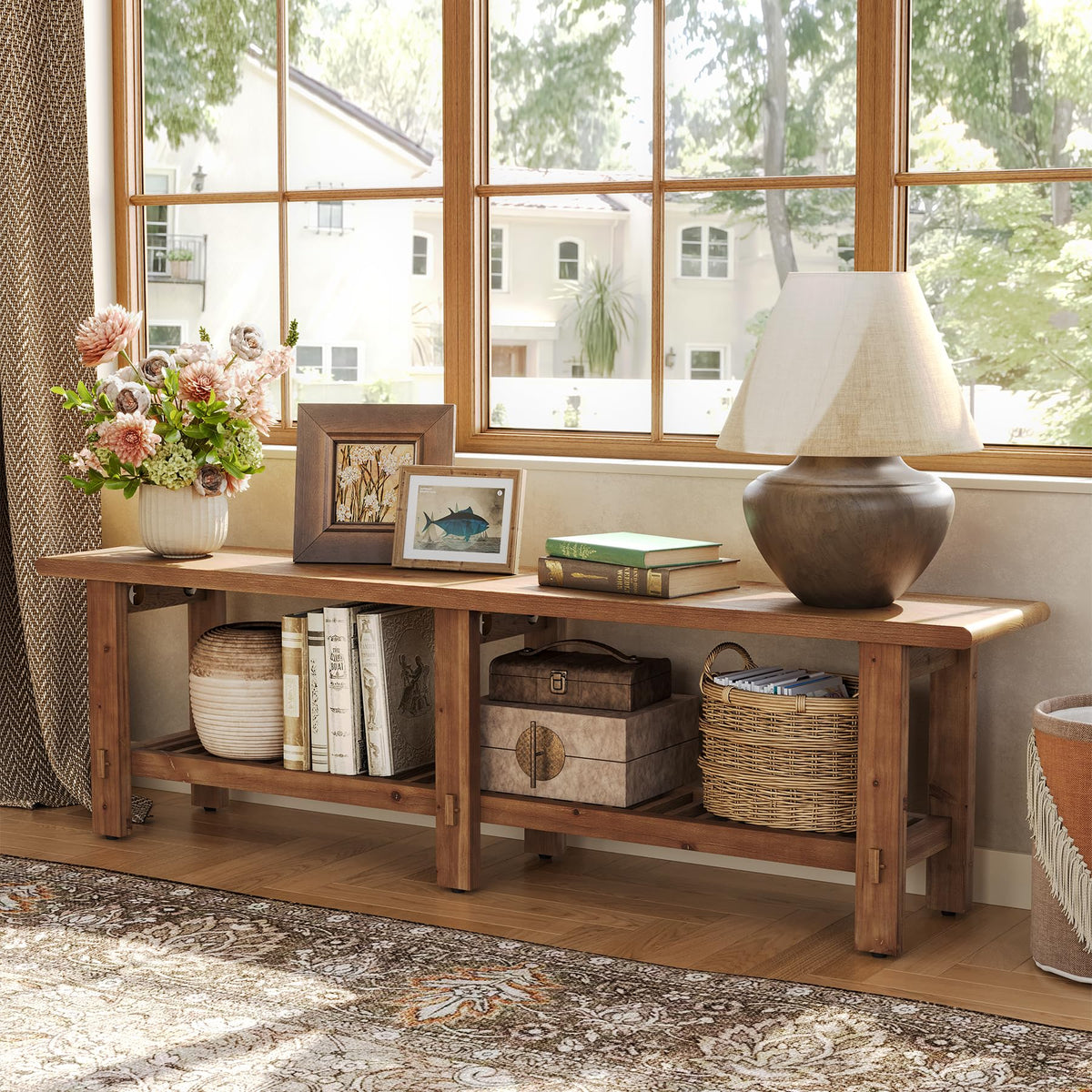 Solid Wood Shoe Bench with Storage Rack W557