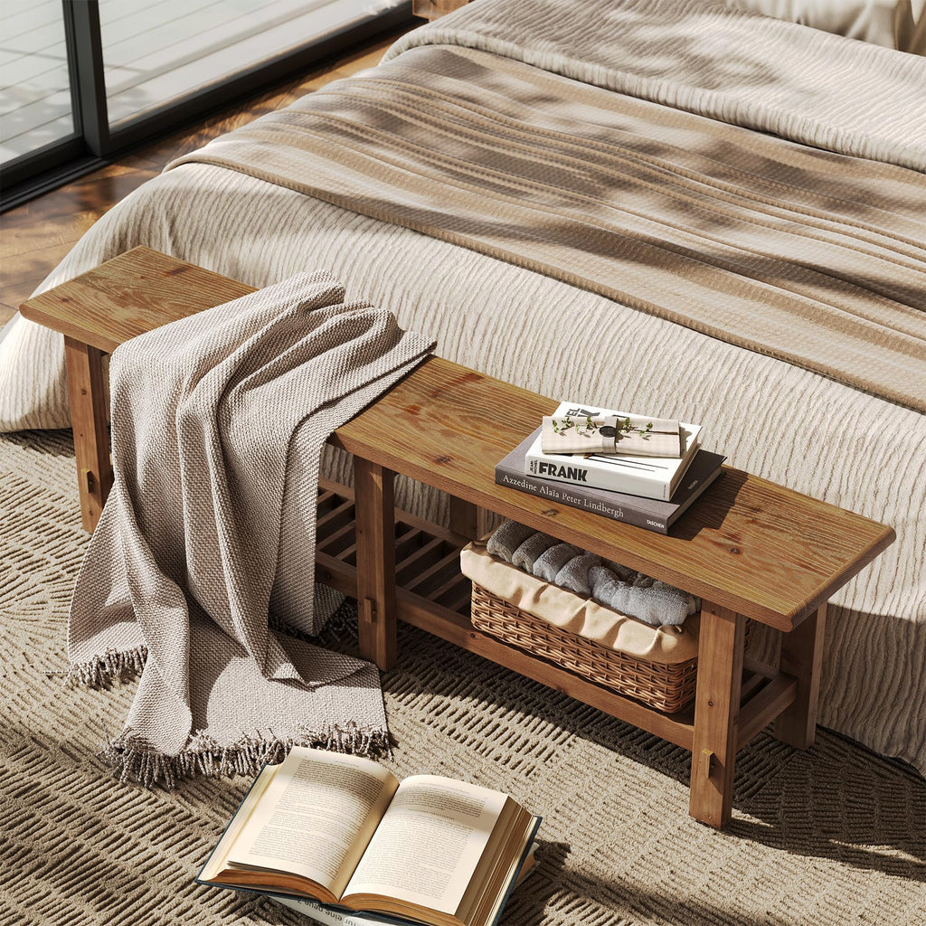 Solid Wood Shoe Bench with Storage Rack W557