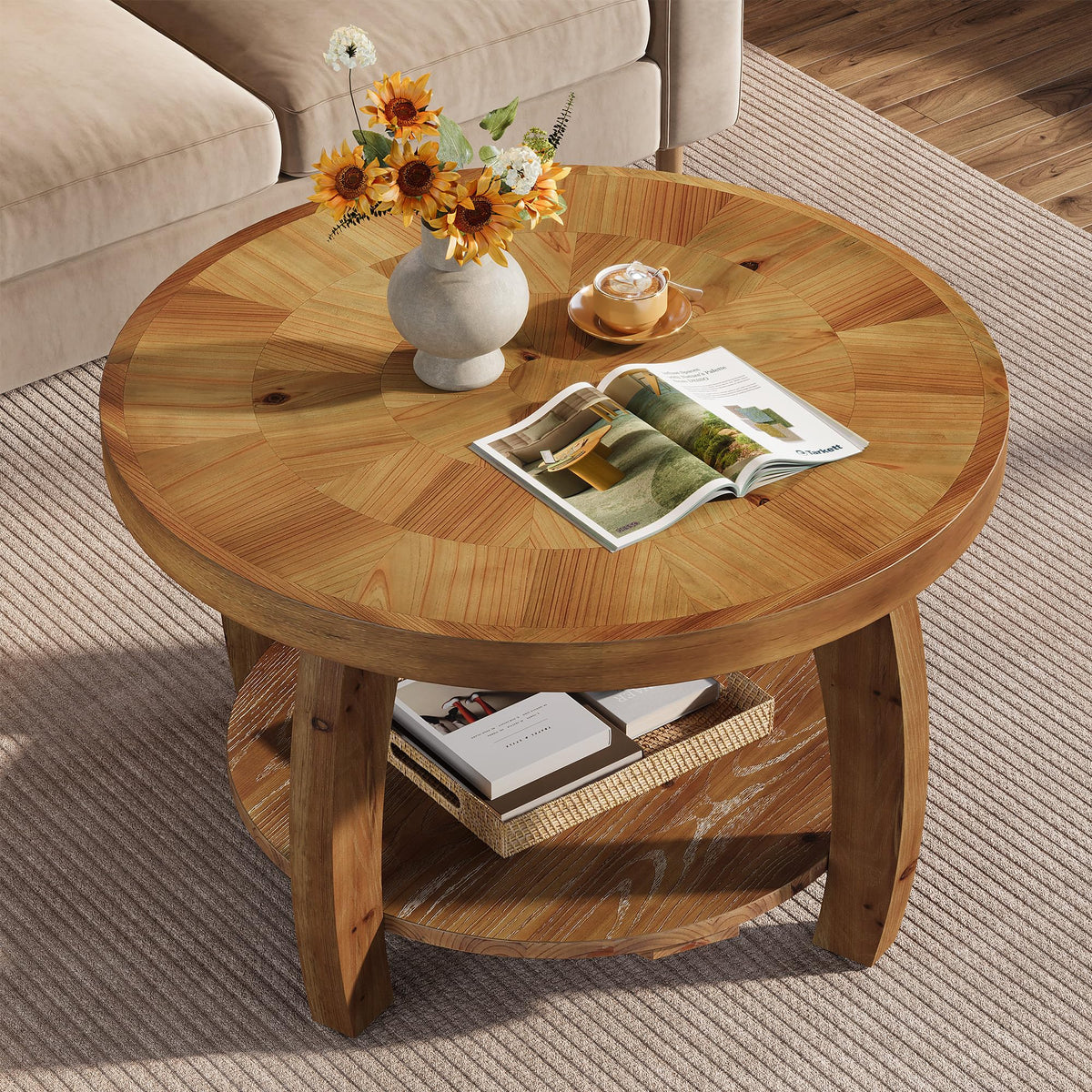 Solid Wood Round 2-Tier Coffee Table with Storage U213